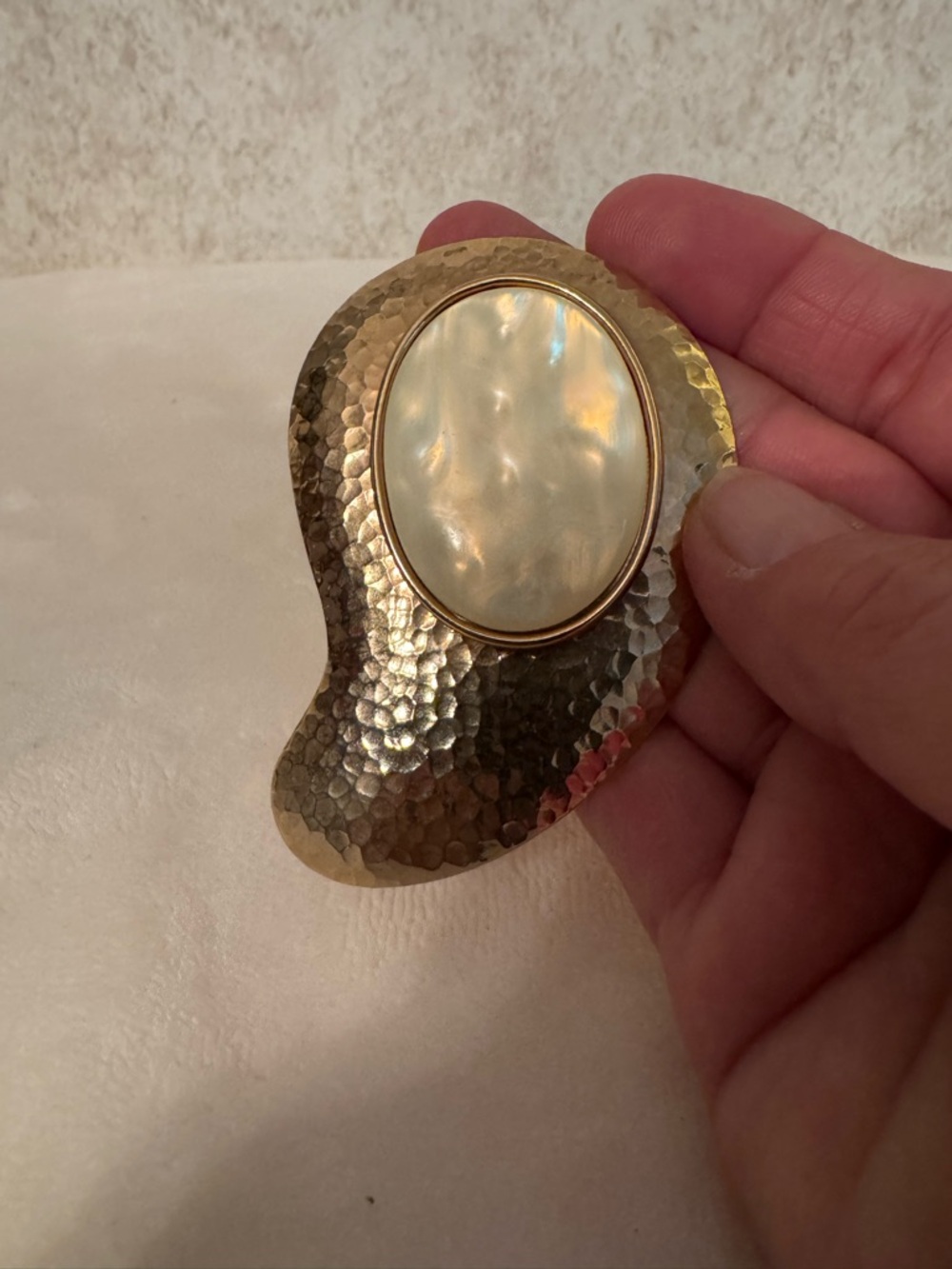 Hammered Brass Brooch with Mother of Pearl Oval